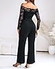 Women Off Shoulder Long Sleeve Black Jumpsuit Floral Embroidery Lace Overalls Casual Wide Leg Rompers with Belt Black-M #4
