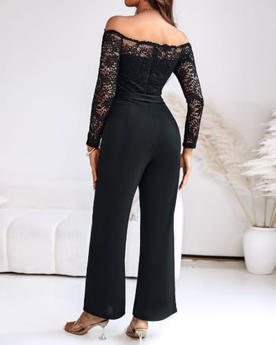 Women Off Shoulder Long Sleeve Black Jumpsuit Floral Embroidery Lace Overalls Casual Wide Leg Rompers with Belt Black-M - Thumbnail 5