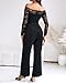 CHICME Women Off Shoulder Long Sleeve Black Jumpsuit Floral Embroidery Lace Overalls Casual Wide Leg Rompers with Belt Black-L