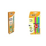 HB BIC Evolution HB Lápiz con mina irrompible, 12 unidades + Highlighter Grip Marcadores punta biselada Ajustable colores Surtidos, Blíster de 3+1