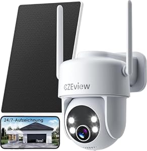 CZEview 2.Gen Überwachungskamera Aussen Akku Solar, Kontinuierliche Aufzeichnung 24/7, Automatische Verfolgung, 2K, 360° PTZ Kamera Überwachung Außen, Kabellos, 2.4GHz WLAN (2. Gen Kamera)