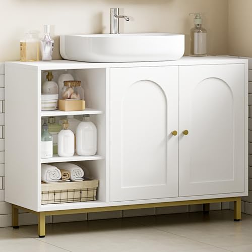 Hzuaneri Meuble sous Lavabo, Meuble de Rangement pour Salle de Bain, pour Évier avec Étagère Ouverte et 2 Portes, Étagère Réglable, pour Lavabos sur Colonne, avec Pieds, Blanc BC09803G