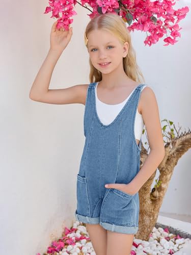 Image of Haloumoning Girls Denim Overall Shorts Kids Summer Adjustable Straps Jumpsuits Jeans Shortalls 5-14 Years
