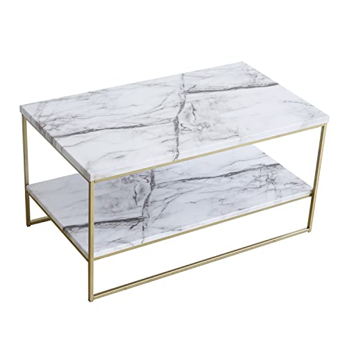 Roomfitters Marble Coffee Table, Center Table For Living Room, Cocktail Table With Storage (2-Tier, Rectangle, White Marble Print) #TOP6