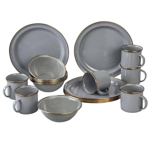 Recopilación de Vajilla crisa los más solicitados. 41 Cinsa Vajilla de Acero Vitrificado 18 Piezas | Color Crema Coffee con Anillo de Acero Inoxidable | Platos, Tazas y Bowls | Resistente, Higiénica y Clásica