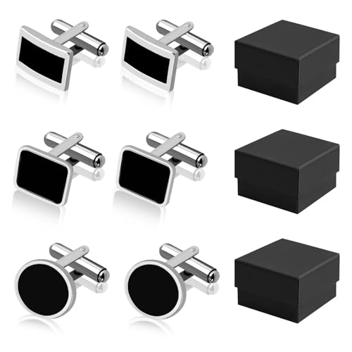 6IEMIEBSHA 6Pcs Cufflinks Cuff Links, Classic Round Square Rectangular Cuff Links, Silver Black Tuxedo Shirts Mens Cufflinks with 3pcs Gift Boxes, Shirt Accessories for Boyfriend Husband Father Groom Business Elegant Gift