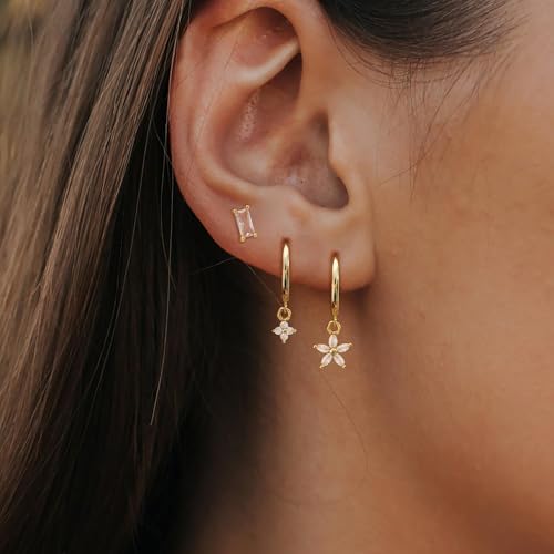 Image of Gold Plated Earrings for Women, 14k Gold Plated Earring Stack Hypoallergenic Pearl Drop Earring Dainty Earrings for Women Trendy Cute Small Huggie Hoop Earring Fashion Womens Jewelry