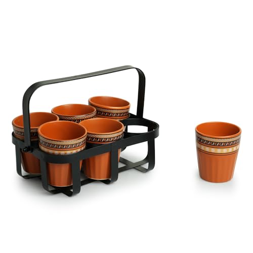 Image of ExclusiveLane 'Geometric' Ceramic Kullad Cups Set of 6 (Microwave Safe, 120 ml Each)|Ceramic Tea Cups Set of 6 Chai Kulhad Chai Cups Cutting Tea Glasses with Stand Kuhlad Cup Set