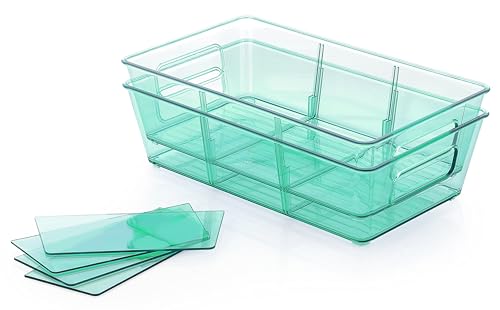 Image of Xiran Fridge Storage Boxes Organizer Bins, 3 Partition Stackable Fridge Storage Basket, Plastic Freezer Storage Containers for Fish, Meat, Vegetables, Fruits (Pack of 2, Green)