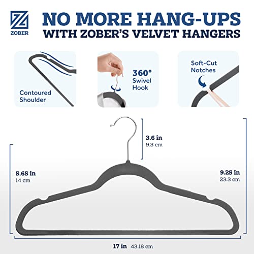 ZOBER Space Saving Velvet Hangers Strong and Durable Hold Up to 10 Lbs - 360 Degree Chrome Swivel Hook - Ultra Thin Non Slip Suit Hangers, Grey - 50 Pack
