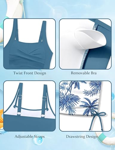 Image of Girls Tankini Swimsuit 2 Piece Bathing Suit Twist Cross Back Cutout Swim Tank Top Floral Print Swimwear for 7-18Y