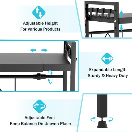Mointal Verstellbares Mikrowellenregal, 2-Stufig Erweiterbares Küchen Mikrowelle Ständer Regal, Mikrowellenhalter aus Kohlenstoffstahl, Küchenaufbewahrung Organizer mit 8 Haken, Schwarz