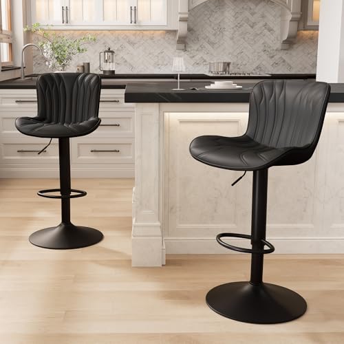 Image of Bar Stools Set of 2 Modern Kitchen Counter Chairs Swivel Barstools Black | Faux leather upholstered island chairs with backs & metal base. Adjustable Height, easy to clean & load 300 lbs