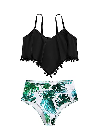 Romwe Girl's Cute Ruffle Bandana Bikini Swimsuit Ruched High Waist Beach Bathing Suit Black And White 140 #TOP21
