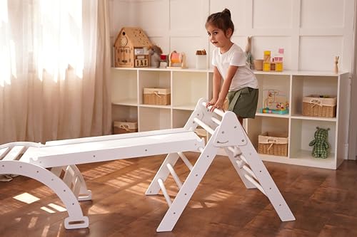 Avenlur Hazel 5-in-1 Indoor Climbing Gym - Waldorf and Montessori Climbing Set with Triangle Ladder, Climbing Ramp, Arch Climber, Rocker, and Slide - Montessori Toys for Children 18mo to 7yr (White)