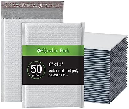 Quality Park Bubble Mailers, 6 x 10 Inch, White Poly Mailers, Padded Envelopes, Shipping Envelopes, Water Resistant, Self Seal, 50 Per Box (QUA85856)