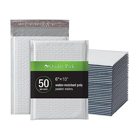 Quality Park Bubble Mailers, 6 x 9 Inch, White Poly Mailers, Padded Envelopes, Shipping Envelopes, Water Resistant, Self Seal, 50 Per Box (QUA85856), Plastic Cover