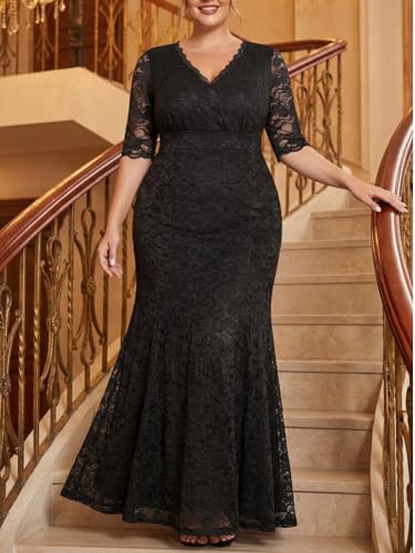 Image of Pinup Fashion Plus Size Formal Evening Dress Wedding Guest Bridal Gowns | Floral lace, wrap v-neck, 3 /4 sleeves, empire waist, mermaid floor length, side zipper