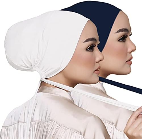 Hophor 2 PCS Women Under Scarf Hat Hijab Inner Cap Islamic Muslim Hijab Cap Bonnet with Tie-Back Closure (White+Navy(2pcs))