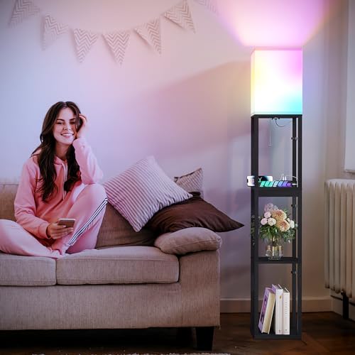 Image of SUNMORY RGB Floor Lamp with Shelves, Solid Wood Shelf Lamps for Living Room