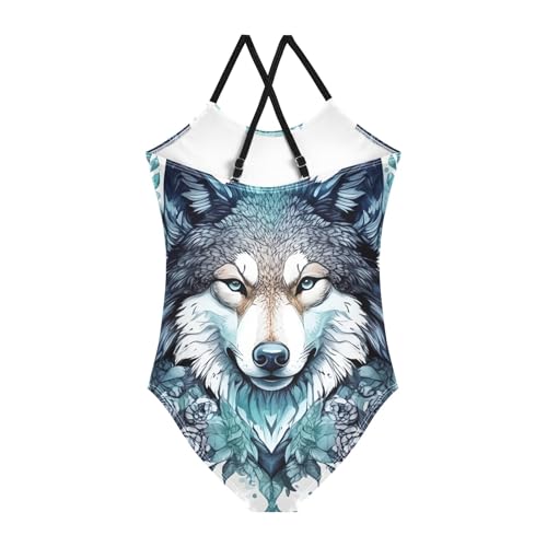 Wolf Head Blue One Piece Bathing Suit for Girls, Quick Dry Crossback Swimsuit for Kids for Beach 3T2