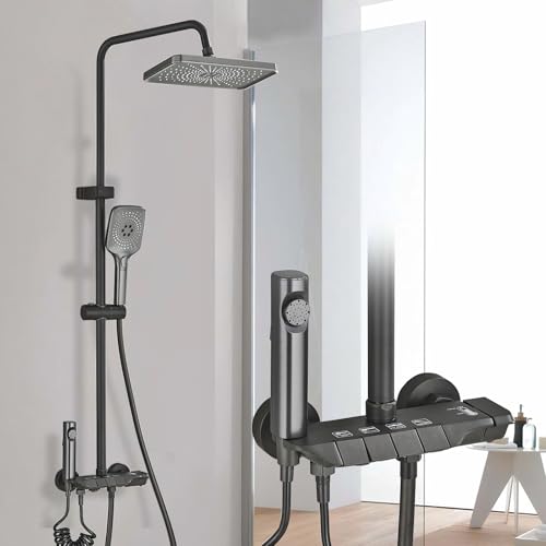 JUNSHENG Ensemble de douche avec pomme de douche et douche, colonne de douche avec quatre modes, colonne de douche en gris canon de fusil, aluminium Apatial, réglable en hauteur.