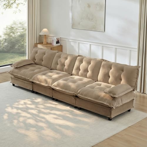 Image of 138 inch Sectional Couches for Living Room, Light Coffee 4 Seater Modern Chenille Deep Seat Sofa Set, Salas para Casa, High Back Cloud Couch Modular Sectional Sets