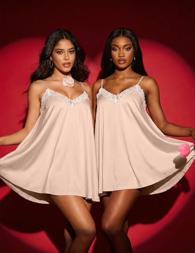 Ekouaer Nightgowns for Women Silk Satin Lingerie Lace Sleeveless Night Gowns for Adult Women Champagne XXL — view 4