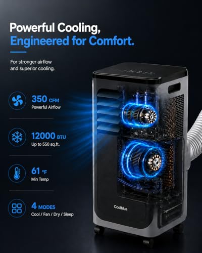 Image of Coolblus Portable Air Conditioners 12000 BTU, Wi-Fi Smart Portable AC Unit for Room Up to 550 Sq.Ft, 3 in 1 Quiet AC with Cool /Dehumidify /Fan, Window Kit, Black-12000BTU-WIFI
