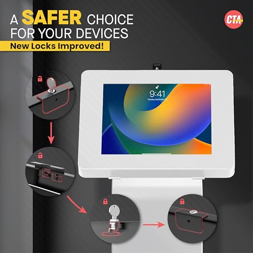 Stojak podłogowy z blokadą – CTA Premium Locking Floor Stand Kiosk z zamkiem i kluczem zabezpieczającym do iPada 7. / 8. / 9. generacji 10,2 cala, iPad Pro 11", iPad 10. generacji, Surface Go 3, Galaxy Tab S5E i więcej, biały