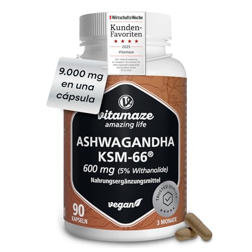 Ashwagandha Orgánica KSM-66® 9000mg (15:1) Alta Potencia 3 meses (90 cápsulas, una al día) Extracto de Raíz con 5% Withanólidos Vegano Sin Aditivos