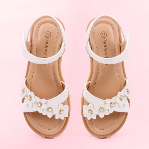 Pandaninjia Mary Girls Sandals Open Toe Cute Flower Pearl Flats Dress Sandals Cross Strappy Summer Shoes Toddler/Little Kid/Big Kid (White Pu, 10 M Us Little Kid) #TOP4