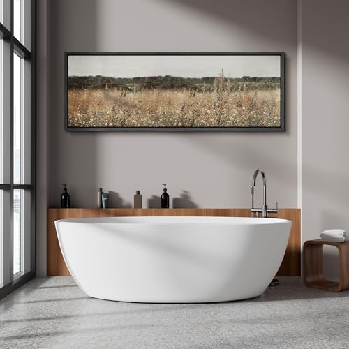 Image of MUDECOR Large Framed Canvas Print Wall Art Golden Meadow Neutral Wildflower Field Antique Ready to Hang Painting for Living Room Bedroom Multi-Sizes - 60 inchx20 inch