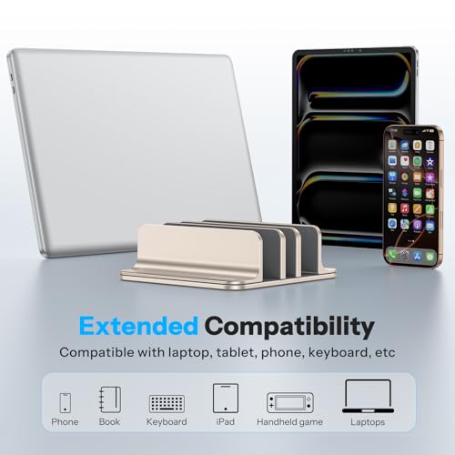 Image of OMOTON Vertical Laptop Stand [Updated 3-Slots Version], Desktop Aluminum Mac Book Stand with Adjustable Dock Size, Fits All Mac Book, Chrome Book and Gaming Laptops (Up to 17.3 inch), Starlight