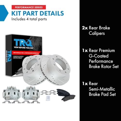 Image of TRQ Rear Performance Brake Pad, Caliper, & Rotor Kit Semi-Metallic Premium G-Coated Compatible with 2000-2005 Ford Excursion 2000-2004 F-250 Super Duty F-350 Super Duty