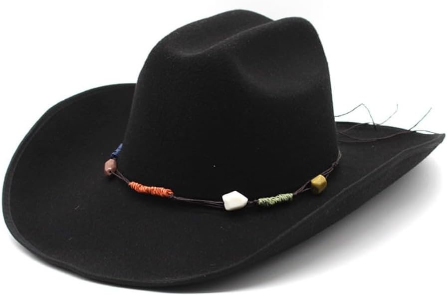 Western Cowboy Hat, Black Wool Felt, Wide Brim with Beaded Band