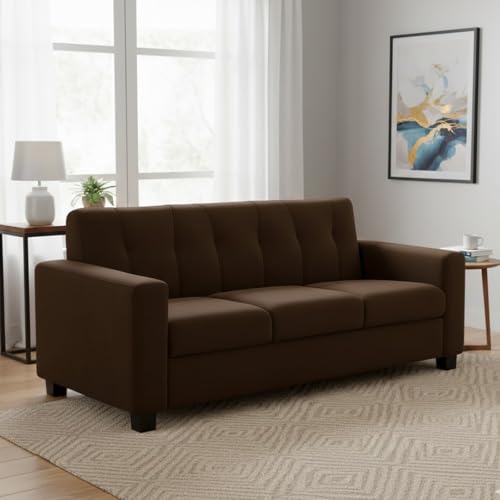 Image of FURNY Homioy 3 Seater Fabric Sofa Set (Brown) with Velvet Fabric | Durable Comfort | Ideal for Living Room