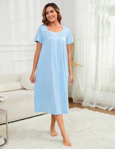 Bloggerlove 100% Cotton Nightgowns for Women Embroidery Pleated Button House Dress Long Moomoo Nightgown with Pockets2
