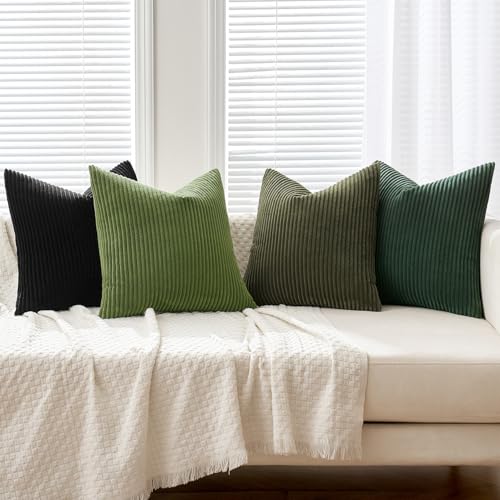 Image of MIULEE Boho Farmhouse Throw Pillow Covers 18x18 Inch Set of 4 Mordern Neutral Green Cushion Covers Soft Corduroy Nordic Home Decor for Spring Couch Bed Sofa Living Room Green-Black
