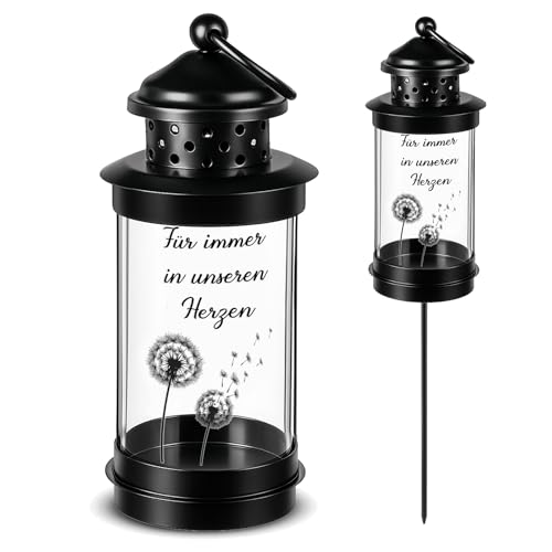 Nezyo Grablaterne mit Erdspieß Grablaterne Friedhof Wetterfest Laternen für Draußen Schwarz 41 2 cm Laterne auf Stab Grablicht mit 2 Blatt Aufkleber Friedhofslaterne Grabschmuck für Opa Oma Papa Mama