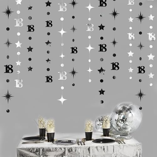 Image of Silver Black 18th Birthday Decorations Number 18 Circle Dot Twinkle Star Garland Streamer Banner Backdrop for Girls Boys Happy 18th Birthday Time to Adult Cheers to 18 Years Old Anniversary Party