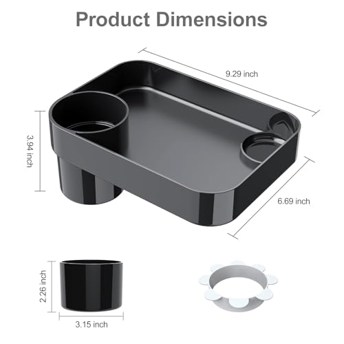 DOKNAAM Car Seat Snack Tray for Toddlers - 3 Inch Cup Holder Fits Most Sippy Cups & Straw Bottles with Dip Well, Mess-Free Square Kids Travel Tray Road Trip Essentials, Black