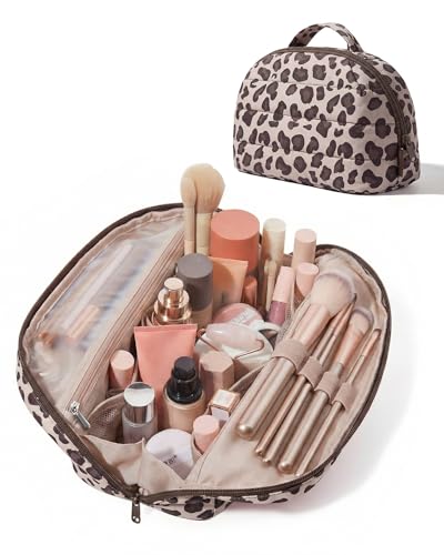 Image of BAGSMART Travel Makeup Bag, Flat Lay Make Up Pouch for Women, Foldable Wide Opening Cosmetics & Brushes Organiser, Small Toiletry Bag, Puffy Padded, Leopard Print