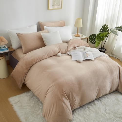 Lanqinglv Flannel Fleece Duvet Cover Set Single Beige Velevt Cozy Thick Teddy Bedding Sets for Girls Teens,Warm Winter Quilt Cover with Zipper Closure and 1 Pillowcase 50x75cm - Image 3