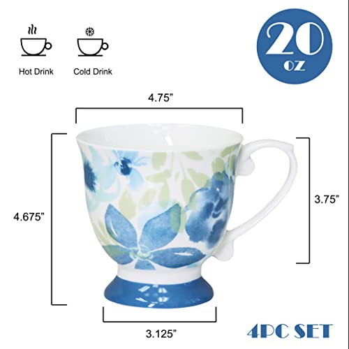 Qoutique Bone China Decorated Coffee Mugs - 20 Ounce - Set Of 4, Cups For Latte, Hot Tea, Cappuccino, Mocha, Cocoa, Mug Set, Large Coffee Mug, Penelope #TOP2