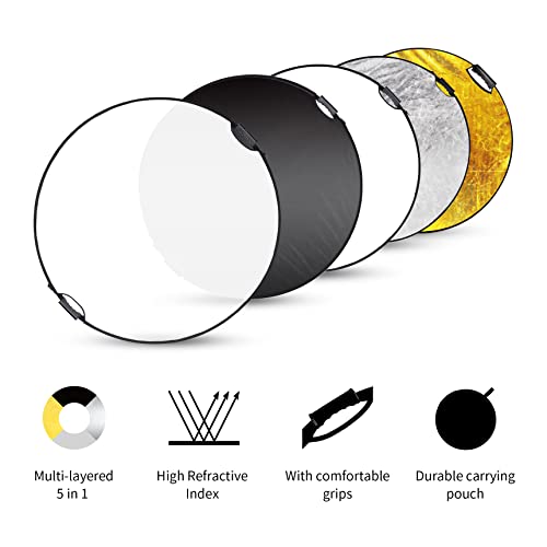 Selens 32 Inch (80Cm) Reflector Photography, Collapsible Light Reflector With Carrying Case, 5 In 1 Handle Reflector For Photography Photo Studio Lighting -Translucent, Silver, Gold, White And Black #TOP1