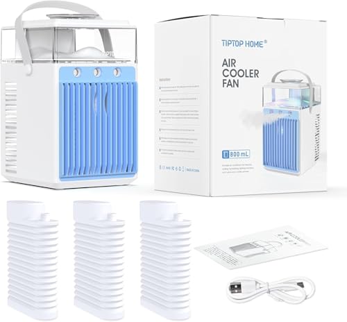 Aire Acondicionado Portátil, 800ML Mini Enfriador de Aire Portátil con Control de Aplicación,4 en 1 USB Recargable con 6 Cajas de Hielo, Mini Aire Acondicionado para el Hogar, Oficina