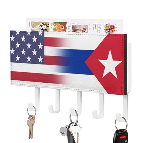 Image of U.S.A Cuba Flag Key Mail Holder for Wall Mounted Decorative White Key Hooks Organizer for Entryway Mudroom