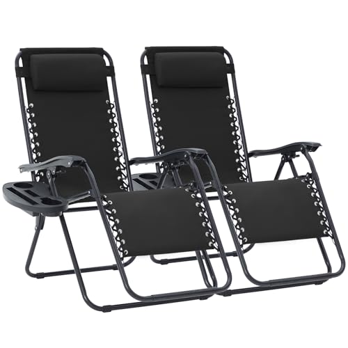 JEAREY Zero Gravity Lounge Chairs Set of 2, Adjustable Steel Mesh Recliners w/Pillows and Cup Holder Trays for Patio, Garden, Beach, Black
