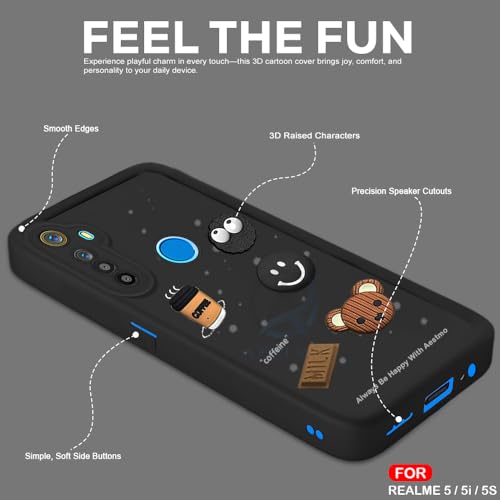 Image of AESTMO Back Case Cover for Realme 5 / 5S Cover | Cute Fun Cartoon 3D Ball | Coffee Silicone Case | Full Body Protection | Camera Protection Back Cover for Realme 5 / 5S (Black)